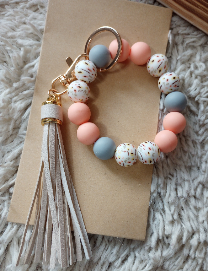 Silicone Bead Bangle Wristlet Keychain Peach/Grey