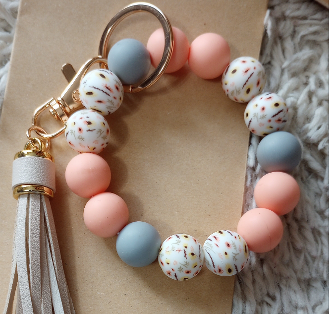 Silicone Bead Bangle Wristlet Keychain Peach/Grey