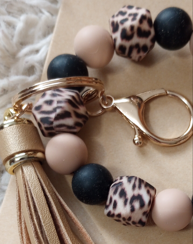 Silicone Bead Bangle Wristlet Keychain Coffee/Black