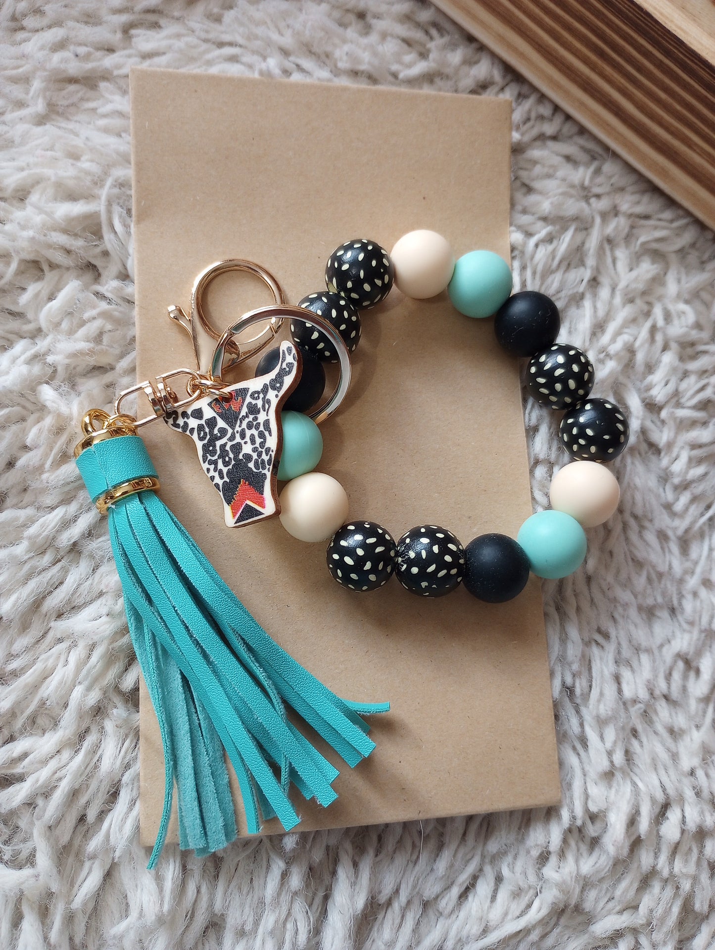 Silicone Bead Bangle Wristlet Keychain Black/Turquoise