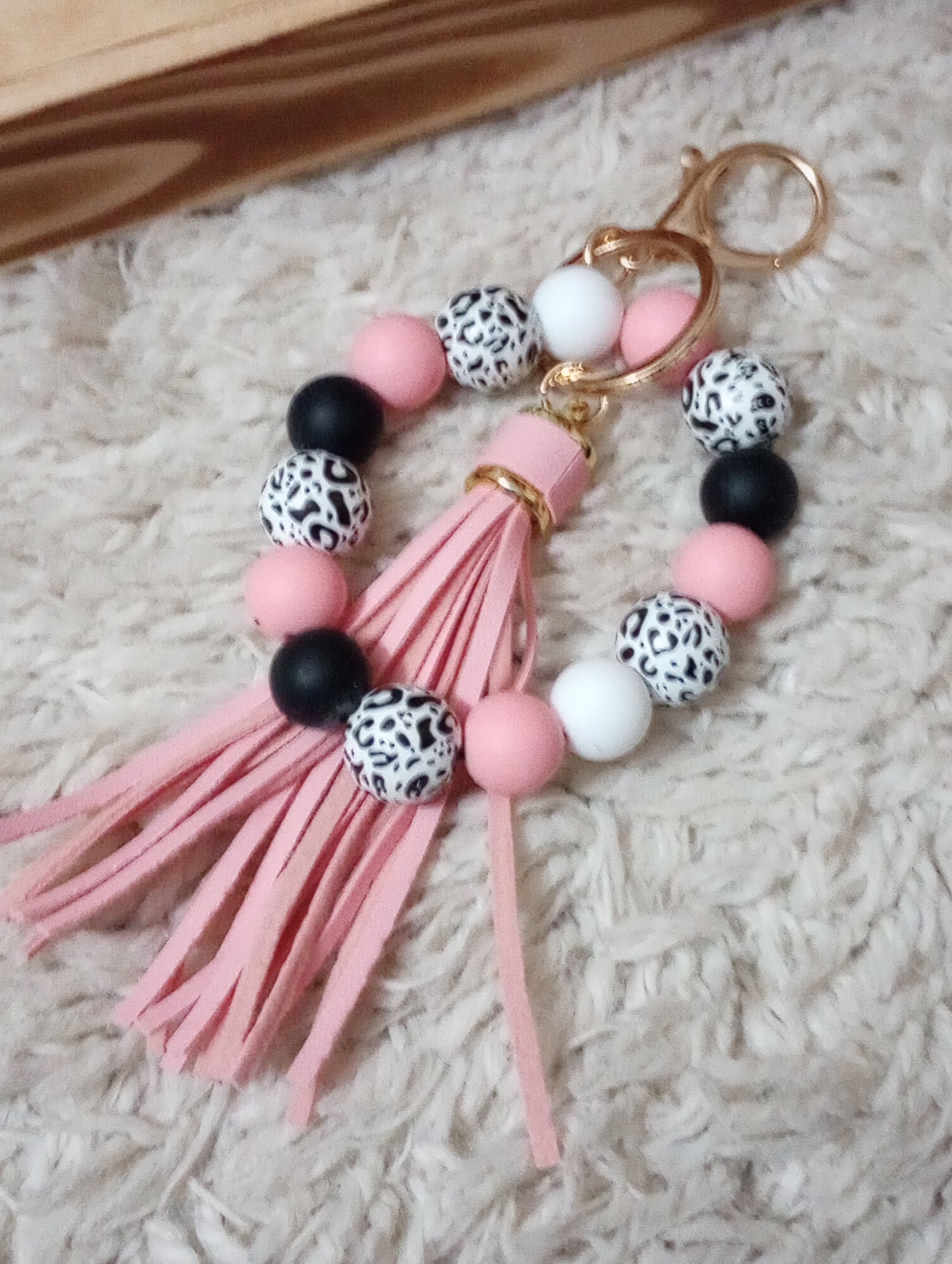 Silicone Bead Bangle Wristlet Keychain Pink/Black