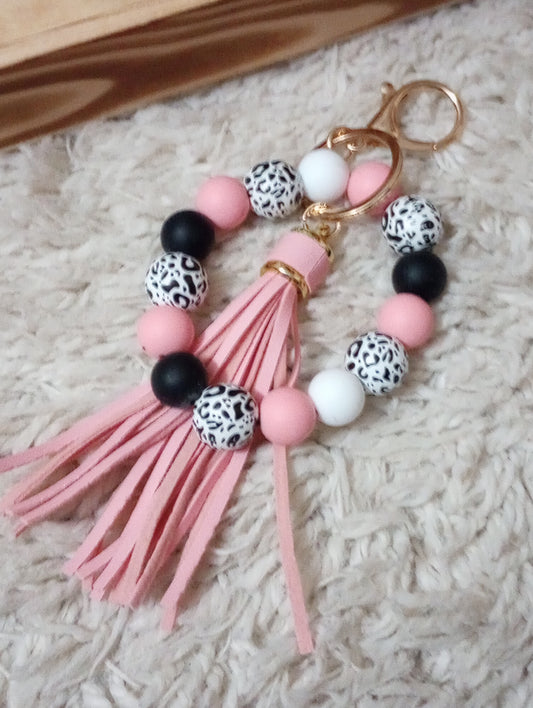 Silicone Bead Bangle Wristlet Keychain Pink/Black